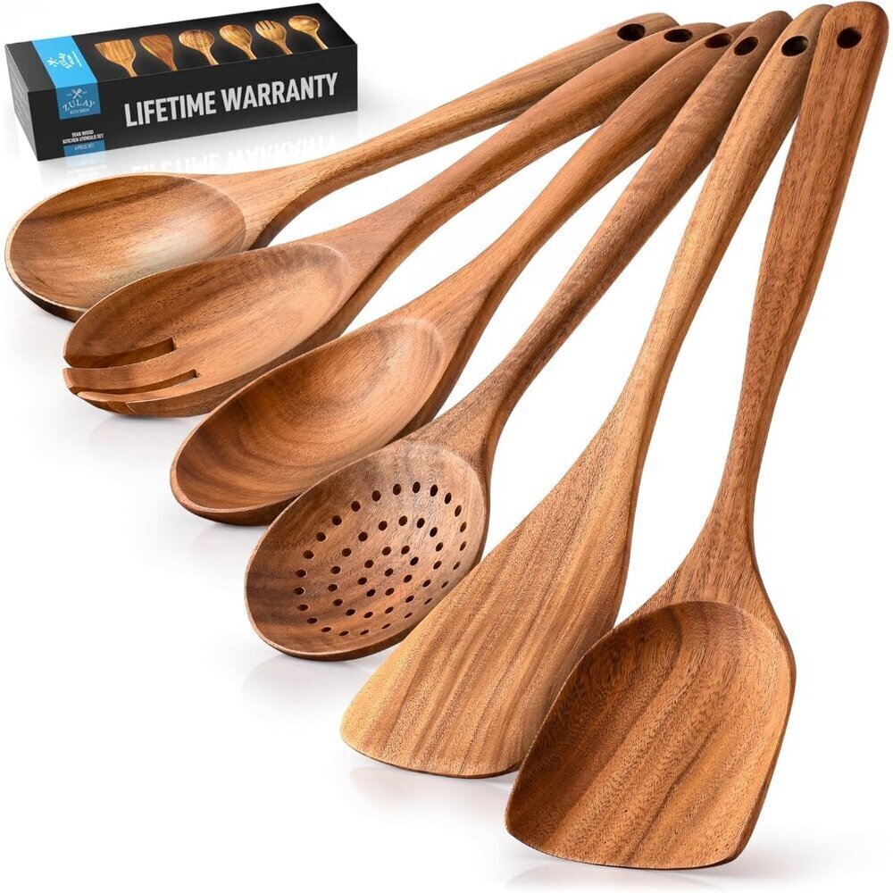 6-Piece Wooden Cooking Spoons Set – Heat-Resistant, Smooth Teak Utensils with Co